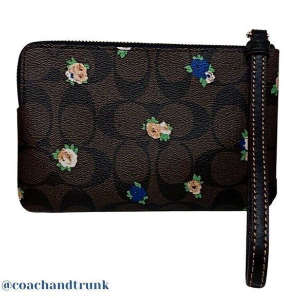 COACH Wristlet Dark Brown Classic C with Vintage Mini Rose Print Gold Accents - Picture 2 of 8